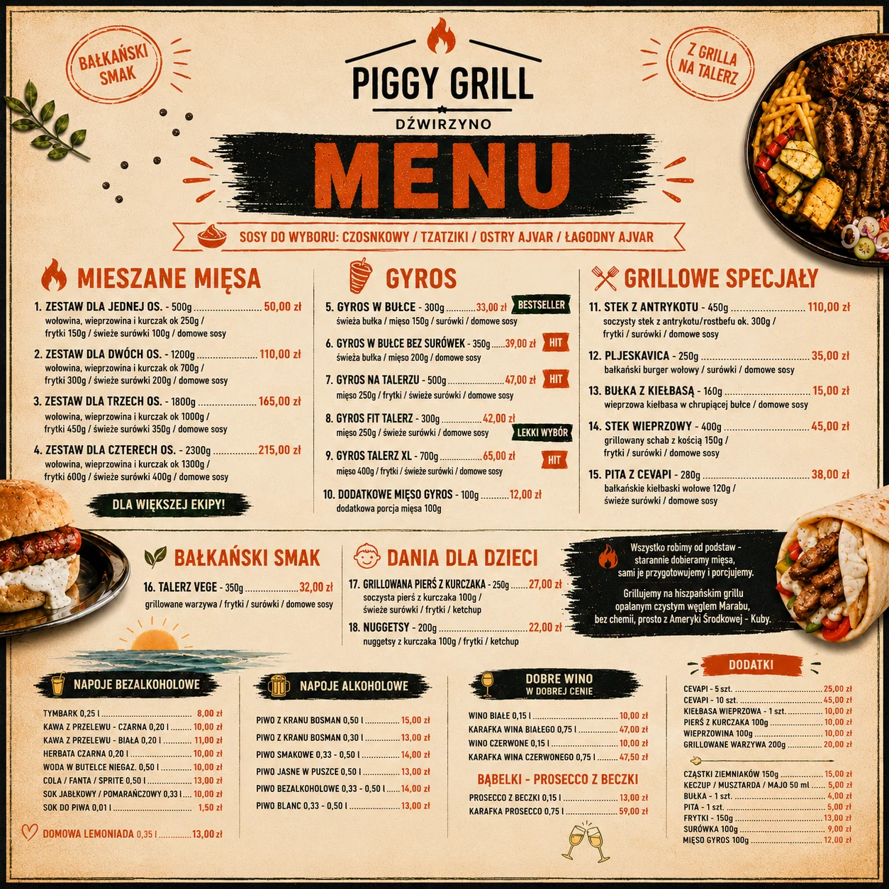 Menu Piggy Grill Dźwirzyno: gyros, cevapi, pljeskavica, grillowe specjały, napoje i dodatki